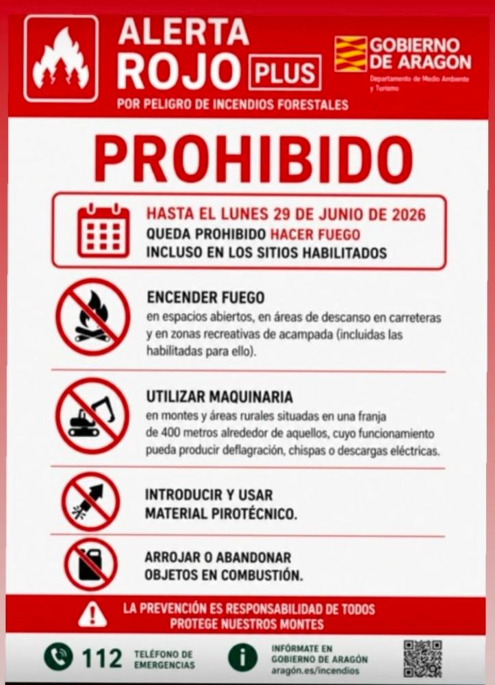 Imagen Declarado el NIVEL DE ALERTA ROJO PLUS por riesgo de incendios forestales en Aragón