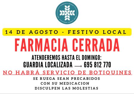 Imagen Farmacia cerrada el viernes 14 por festivo local